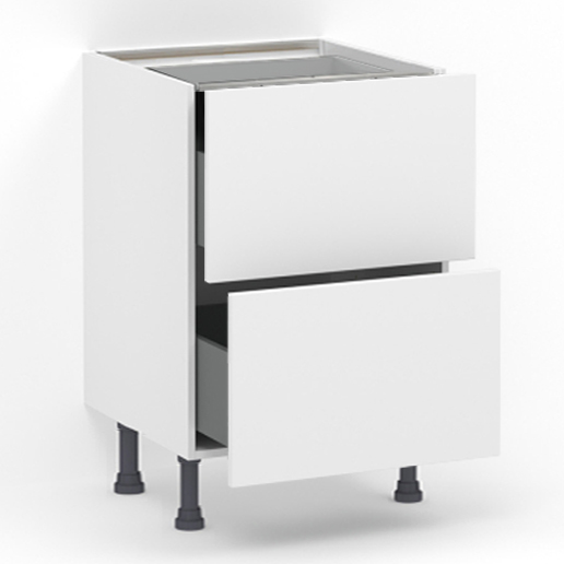 Meuble bas 2 tiroirs casseroliers (Sans amortie) L60 x H85 x P58 - Blanc laqué mat - meuble livré monté