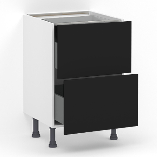 Meuble bas 2 tiroirs casseroliers (Sans amortie) L60 x H85 x P58 - Noir mélaminé mat - meuble livré monté